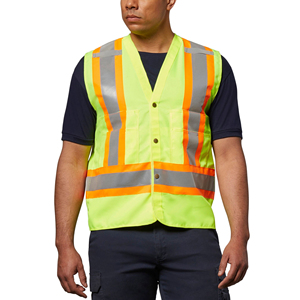 Men's Hi-Vis Safety Vest Reflective Yellow Orange Stripes Polyester Class 2 <b>Construction</b> <b>Work</b> Wear with Pockets - Product Image 1