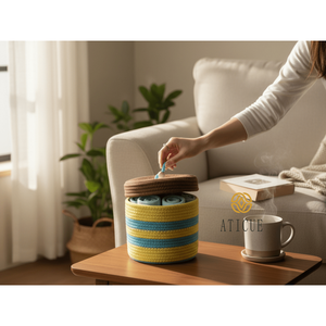 Handmade 8x8 Inch Multicolor Cotton Rope <b>Woven</b> <b>Basket</b> Lid Decorative Storage Organizer for Living Room for Christmas Bag - Product Image 1