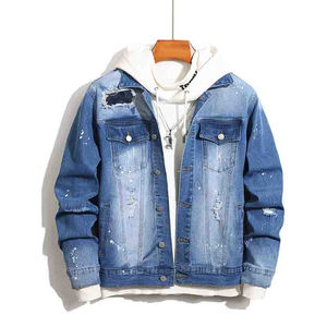 Veste en jean courte décontractée et simple pour hommes Vêtements Hip Hop Y2K avec trous à pompons du fabricant direct - Product Image 1