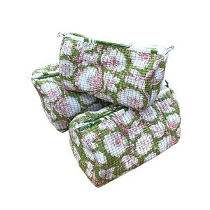 Handblock Cotton Vintage Travel Case <b>Set</b> 3 Bags | Large Capacity Waterproof Machine Washable | Green for Storage <b>Makeup</b> - Product Image 1