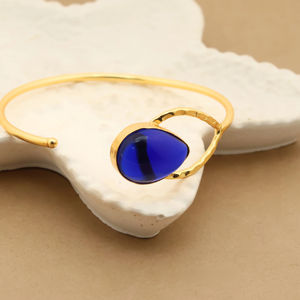 Bracelet manchette plaqué or fait main avec pierre bleue Bracelet ouvert réglable pour femmes bijoux de mode - Product Image 1