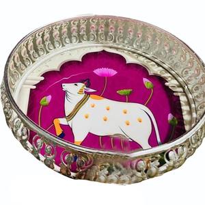 Serving tray <b>set</b> pichhwai art decorative round serving tray <b>set</b> of 2 - Product Image 4