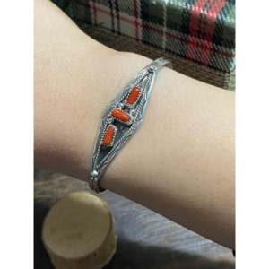 Navajo Handmade Coral & Sterling Silver Fashion Cuff Bracelet - Product Image 2