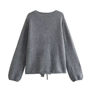 Femmes nouveau modèle nœud à manches longues col en v tricoté chemisier pull décontracté et confortable pour la saison d'automne en gros - Product Image 2