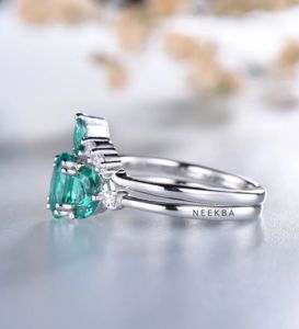 Juego de anillos nupciales de Esmeralda, corte ovalado, juego de anillos nupciales de Esmeralda y moissanita en 925, juego de anillos de compromiso y bodas de plata Esmeralda - Product Image 2