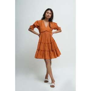 Robe d'été décontractée pour femmes, en coton orange, longueur au sol, style gothique streetwear, à motifs floraux paisley, col en V, à manches courtes et à volants - Product Image 1