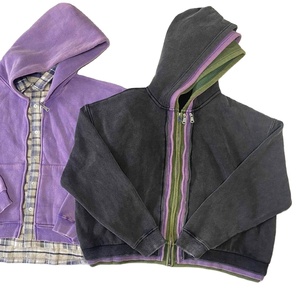 Vente en gros de sweats à capuche zippés personnalisés avec logo, en tissu épais délavé à l'acide, de haute qualité, à triple fermeture éclair, coupe carrée et courte - Product Image 1