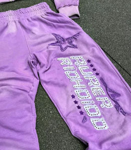 Conjunto de pantalones de chándal con capucha y cremallera lavada con ácido personalizada XL para hombre, ropa de entrenamiento de algodón 100% con diamantes de imitación, chándal de Primavera de talla grande - Product Image 4