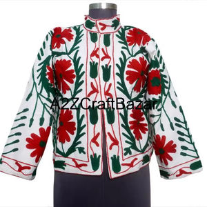Women Winter Jacket With Indian Suzani Embroidery Floral Pattern Duck Fabric 100% Pure Cotton Filled <b>Coat</b> With Robe Gift for Her - Product Image 1