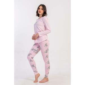 Conjunto de pijama de licra para mujer con cuello redondo, mangas largas, cintura ovalada y puños - Rosa - Rosa - Product Image 2