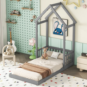 FCJ Letto a pavimento a forma di casa con testiera in metallo grigio, comodo ed elegante per la camera da letto - Product Image 1