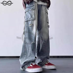 Pantalones vaqueros holgados Cargo para hombre, pantalones vaqueros rasgados de pierna recta, moda Hip Hop, estilo Grunge, ropa informal azul - Product Image 6