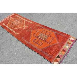 Alfombra Kilim roja y naranja de área grande, Alfombra de lana de tejido plano turco de 3x9,8 pies, alfombra rectangular de felpa con respaldo de látex para habitación de pasillo - Product Image 4