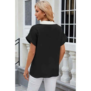 Blusa Casual de Manga Corta con Cuello en V y Detalle de Franja Frontal para Mujer, Marca Jane's - Corte Regular, Uso Diario - Product Image 4