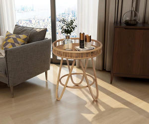 Table d'appoint en rotin avec plateau en osier 20x23 '', table d'appoint tissée à la main Boho, petite table d'appoint ronde avec pied en épingle à cheveux - Product Image 2