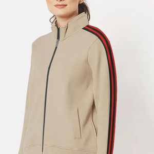 Unisex Beige Tracksuit Full <b>Zip</b> <b>Hooded</b> Sweatshirt With Red Black Stripes Side Pockets Autumn Sporty Style Adult Regular Fit - Product Image 2