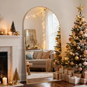 Grand miroir mural arqué doré pleine longueur avec cadre en métal fin, design Art Déco pour mariage, chambre à coucher, dressing - Product Image 2