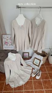 Robe en laine nude avec col en cœur et nœud élastique, col plongeant en velours côtelé, manches évasées, style coréen, OEM, haute qualité - Product Image 4