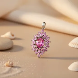 Pendentif tendance en argent sterling pour femme, diamant rose, perle, pierre précieuse taille coussin, plaqué rhodium, chaînes de fiançailles, bijoux cadeau - Product Image 3