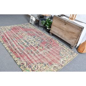 Alfombra turca vintage rojo beige 5,1x7,8 pies diseño de retazos de lana de área grande para pasillo o dormitorio con respaldo de látex - Product Image 5
