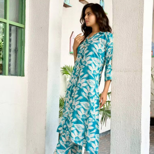Exclusif rayonne coton imprimé A-ligne col motif poche Co-Ord ensemble indien pakistanais tenue décontracté pour les fêtes d'été en gros - Product Image 1