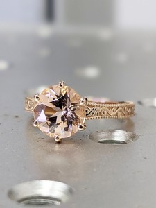 925 14k Rose Gold Plated Vintage Morganite Solitaire Ring Antique Design <b>Squared</b> Milgrained <b>Edges</b> Basket Setting - Product Image 6