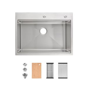 Évier de cuisine en acier inoxydable fait main 30x22 po, à poser, simple bac, finition brossée, avec planche à découper et passoire, pour villa et laboratoire, Nouveau - Product Image 3