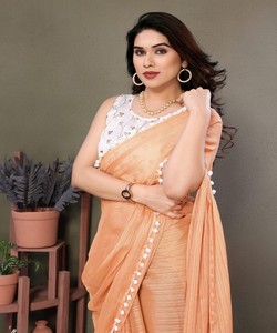 LUXE POLYESTER ZARI UNI SAREE AVEC BRODERIE TRAVAIL NON COUDU BLOUSE VÊTEMENT DE FÊTE PRIX DE GROS VÊTEMENT ETHNIQUE ORANGE - Product Image 2
