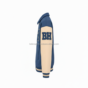 Chaqueta universitaria GSM 420 de mezcla de lana Premium, cuerpo azul, mangas Beige, logotipo bordado de chenilla personalizado, chaquetas universitarias para mujer - Product Image 3