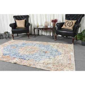 Alfombra turca Vintage de 5x8 ', lana azul y Beige, tejido plano, patrón de retazos, sala de estar alfombra para, respaldo de látex - Product Image 4