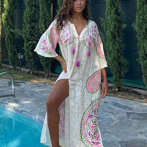 Nuevo superventas bohemio Casual Floral bordado Trabajo Mujer Vyshyvanka cuello en V profundo manga larga Sexy Lino vestidos ucranianos - Product Image 1