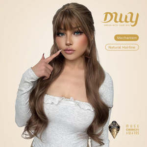 Sunday-DWY Light Caramel Blonde Wavy Synthetic <b>Wig</b> with Bangs US Only-Light Brown Lace - Product Image 3