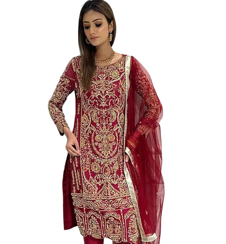 Eid Ramzan especial rojo Salwar Kameez, Readymade & personalizable | Paquistaní Georgette, Kurta recta con pantalón, vestido tradicional