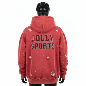 Sweat à capuche en molleton délavé à l'acide, poids lourd, rouge vintage, tissu en coton doux avec détails déchirés, logo en strass personnalisé, sweat à capuche basique - Product Image 2