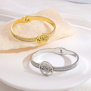 Moda açık sonu kararmaz ücretsiz hayat ağacı kristal kübik zirkonya bileklik su geçirmez 18K altın kaplama paslanmaz çelik bilezik - Product Image 4
