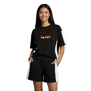Ensemble deux pièces pour femmes, couleur unie, 100% coton, broderie vintage, style streetwear, t-shirt à manches courtes et short pour femmes - Product Image 1
