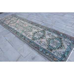 Alfombra turca de 3.3x12.4 pies, alfombra vintage azul con lunares de lana - Product Image 2