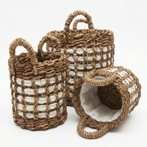 Juego de Cestas de Almacenamiento de Plástico Reciclado con Diseño de Corteza de Plátano Natural, con Rejilla Abierta, Banda Blanca y Asa en Forma de Arco, para Decoración y Arreglos Florales, Diseño Artístico Puro - Product Image 3