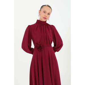 เดรสชีฟองคอสูงสำหรับผู้หญิงพร้อมเข็มขัดตกแต่งเอวทรงเอ็มไพร์-12520ELB - Product Image 2