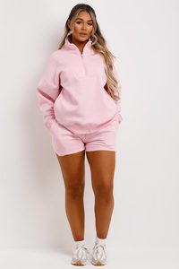 Alta demanda personalizado Rosa 2 piezas mujer media cremallera sudadera y pantalones cortos conjunto de chándal mujer Sudadera con capucha y conjunto corto Mujer 2 piezas conjunto - Product Image 6