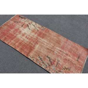 Modern Vintage Turkish Rug 2.8 X 6.6ft Handmade <b>Pink</b> Beige <b>Wool</b> Latex Backing Classic Rectangle Puzzle Pattern Abstract Hallway - Product Image 4