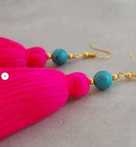 Hot Pink Tassel <b>Earrings</b> with <b>Turquoise</b> Beads Fringe Tassel <b>Earrings</b> - Gold - Long - Product Image 2