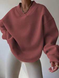 Rose rose surdimensionné femmes col en v sweat lourd coton polaire pull goutte épaule respirant Streetwear à manches longues - Product Image 4