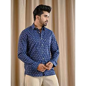 Chemise décontractée en popeline de coton bleue imprimée pour homme, chemise à manches longues pour homme, respirante, 100% coton - Product Image 5