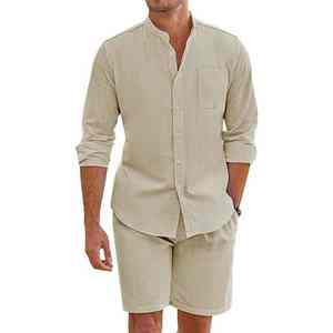 Conjunto de Ropa Casual de Playa de Dos Piezas de Algodón para Hombre, Camisa de Algodón Transpirable con Botones, Cuello Alto, Mangas Largas, Pantalones Cortos de Secado Rápido - Product Image 5