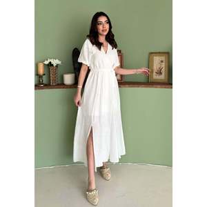 Robe en lin mousseline à col enroulé - Blanc - Product Image 2