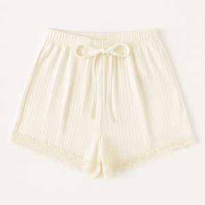 Shorts décontractés pour femmes en maille côtelée moderne avec bordure en dentelle, taille haute, respirants, séchage rapide, en élasthanne/polyester, toucher doux, vente en gros - Product Image 1