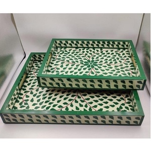 Handcrafted Modern Design Yellow Blue Bone Inlay Serving Tray Durable MDF Base <b>Decorative</b> Platter <b>for</b> Home <b>Kitchen</b> Gifting <b>Items</b> - Product Image 6