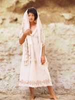 Robe longue maxi en coton à imprimé blocs et teinture unie, col en V, bretelles spaghetti, fentes, style bohème romantique, faite à la main, écologique