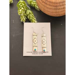Kingman Turquoise & Sterling <b>Silver</b> Dangle <b>Earrings</b> Navajo Made Drop Geometric Shape Pattern for Women - Product Image 1